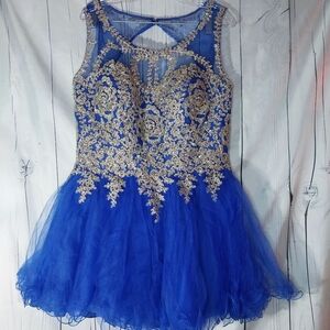 Aspeed Blue Tull and Gold Embellished Dress With Corsett Back